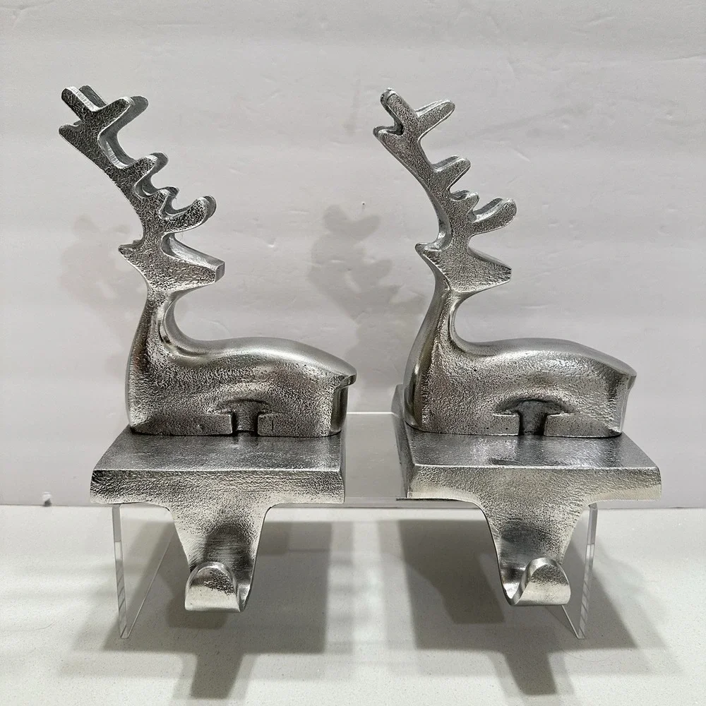 Crate Barrel Reindeer Brushed Matte Silver Stocking Hanger Holder Hooks SET of 2